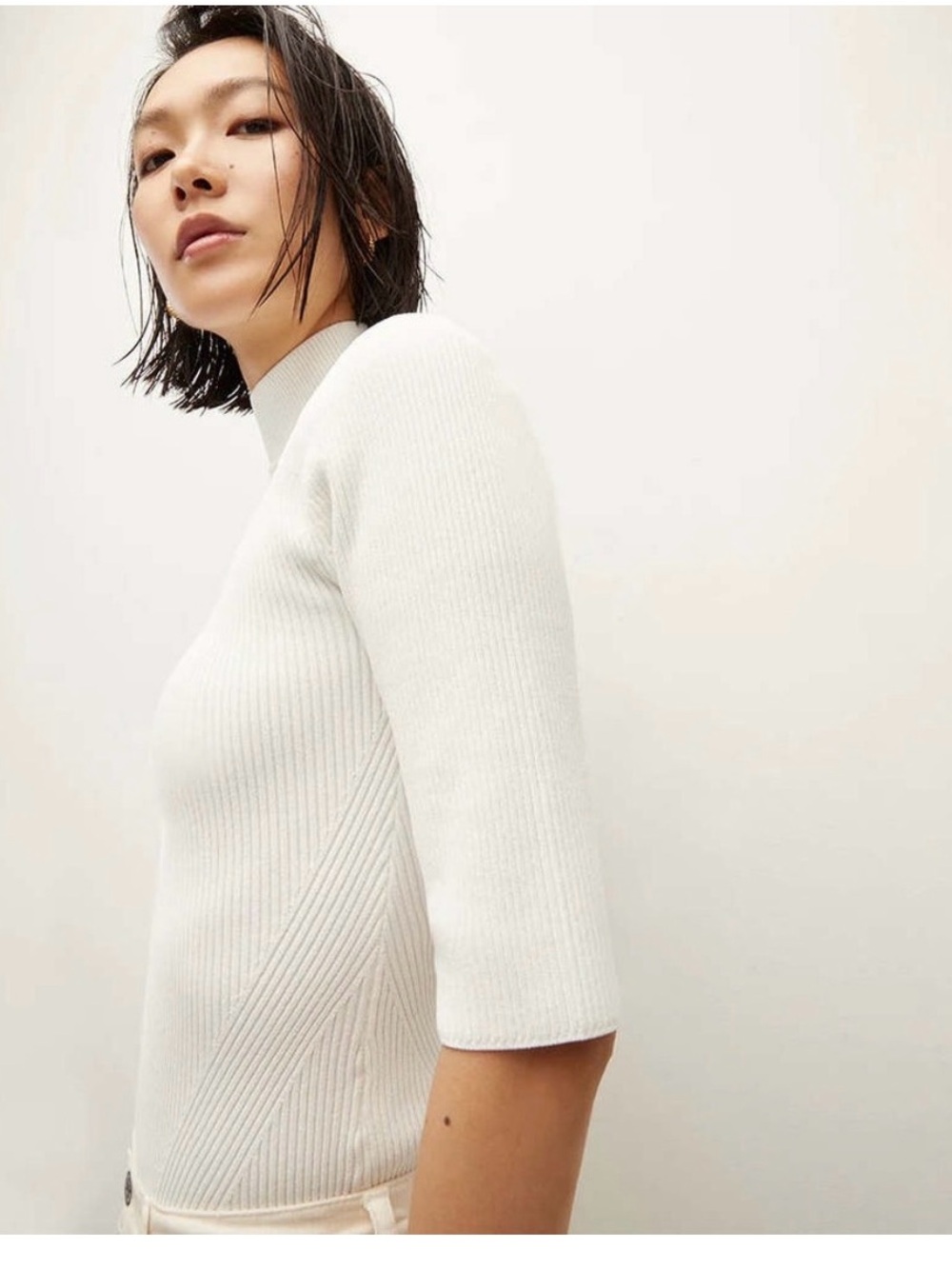 Veronica Beard Pernia Ribbed Short Sleeve Mock Neck Top White Medium